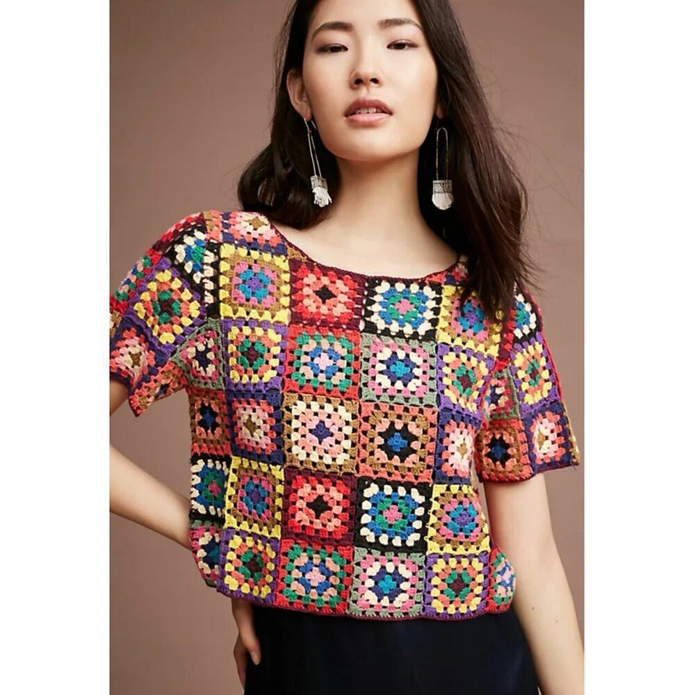 Farm Rio Anthropologie Crochet Cropped Granny Square Pullover Top Shirt XS 0 2